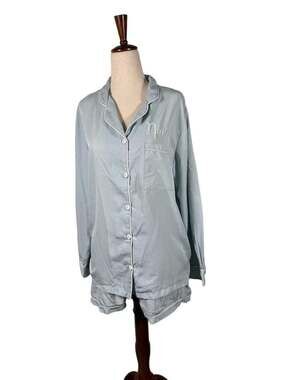 Light Blue Satin Long Sleeve Pajama Set with Nana Embroidery h1191